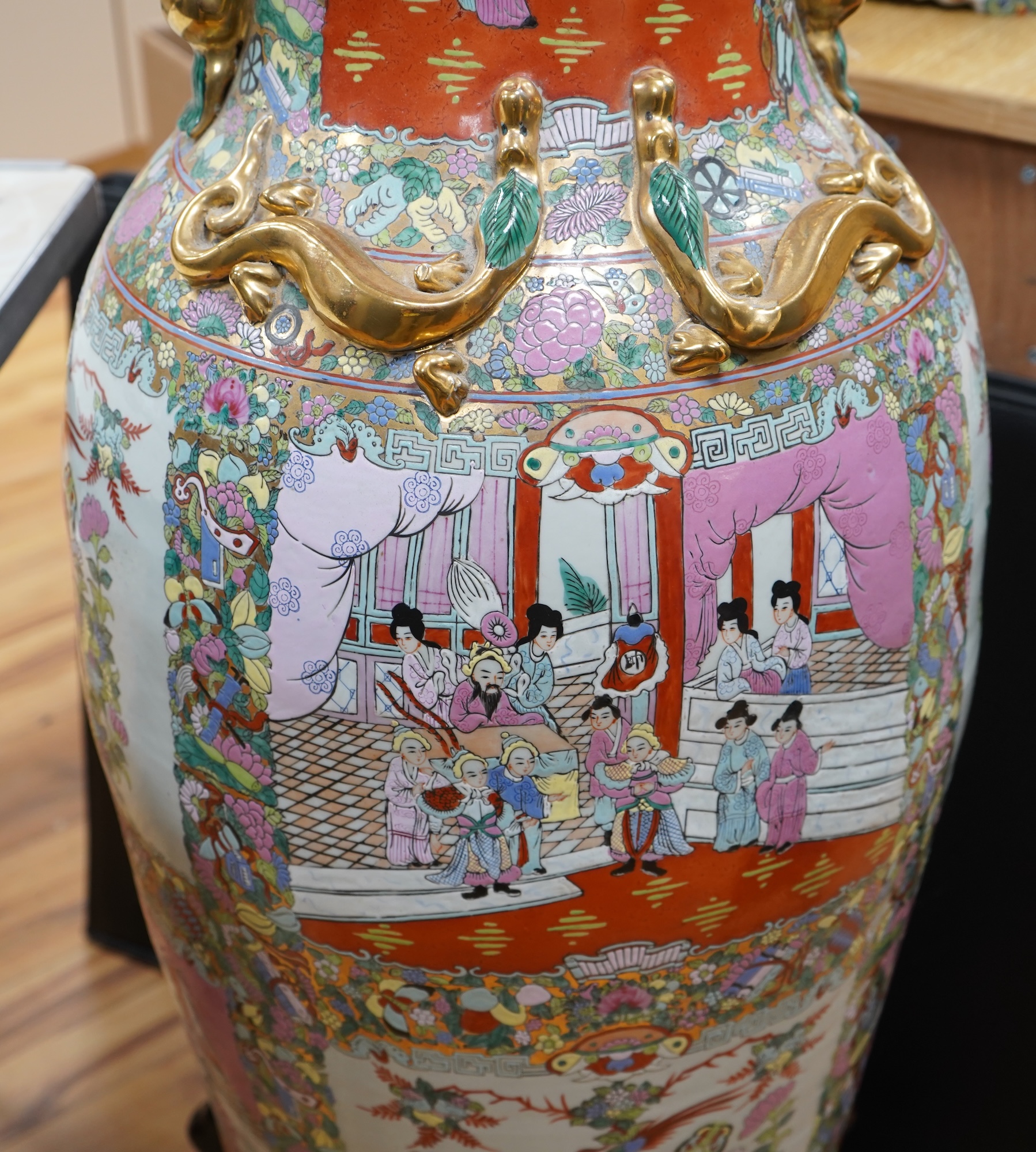 A large Chinese famille rose vase on stand, 118cm high including stand.